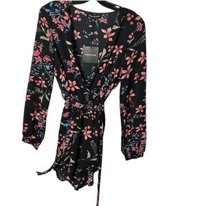 Parisian romper size 6 .black,floral multicolor long sleeve,  faux wrap,surplice